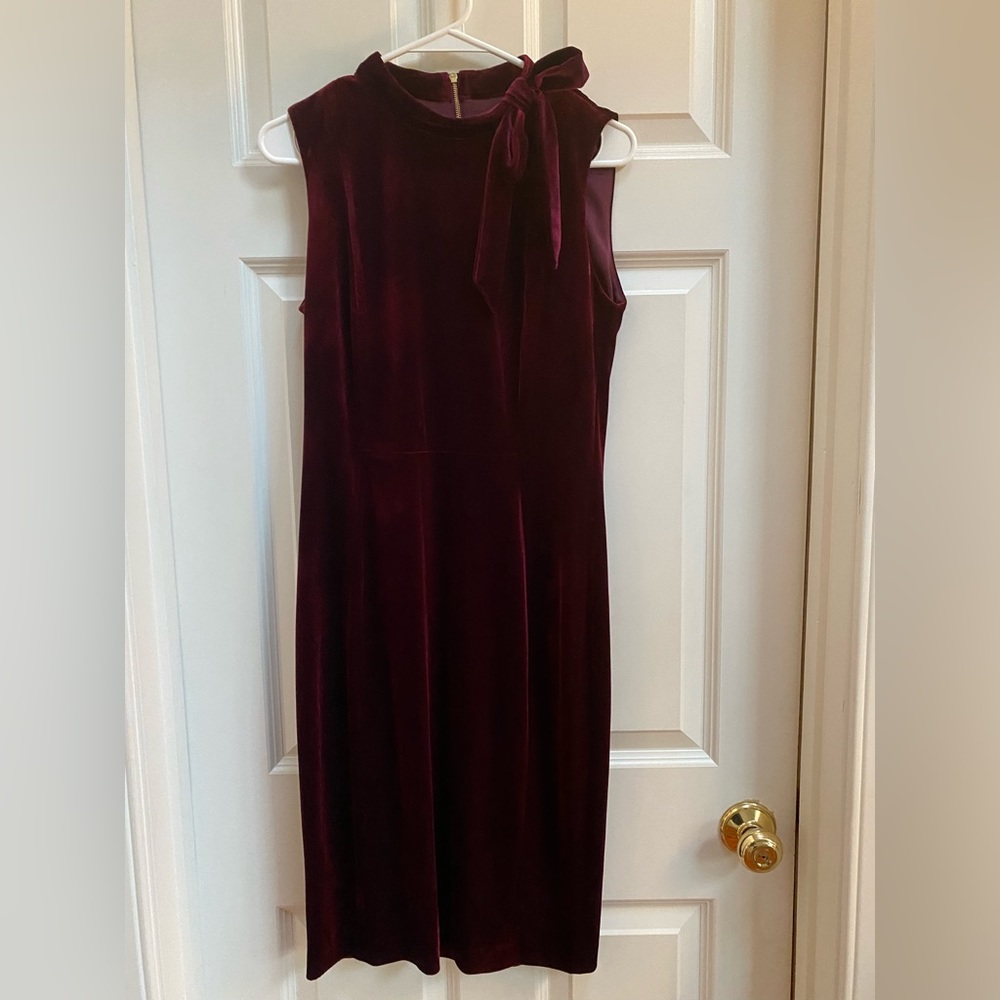 Calvin Klein Burgundy Velvet Dress, Size 10, Sleeveless with tie at neckline.